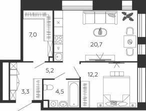 ЖК «Жилой квартал Shagal», планировка 1-комнатной квартиры, 52.90 м²