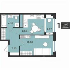 МЖК «Новокасимово», планировка 1-комнатной квартиры, 35.83 м²