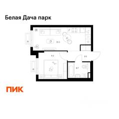 ЖК «Белая Дача парк», планировка 1-комнатной квартиры, 31.50 м²