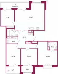 ЖК «Дом на Курской», планировка 4-комнатной квартиры, 126.82 м²