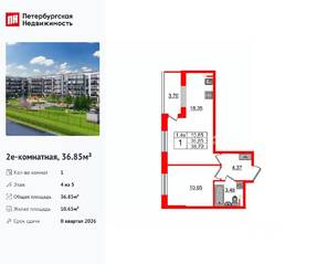 ЖК «Парадный ансамбль», планировка 1-комнатной квартиры, 36.85 м²