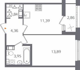 ЖК «Б15», планировка 1-комнатной квартиры, 36.86 м²