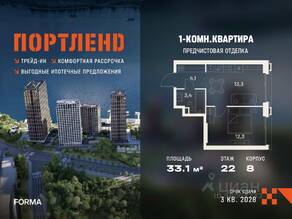 ЖК «ПОРТЛЕНД», планировка 1-комнатной квартиры, 33.10 м²