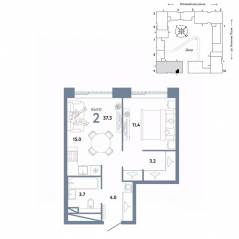 ЖК «Страна.Заречная», планировка 2-комнатной квартиры, 37.30 м²