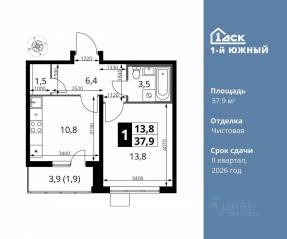 ЖК «1-й Южный», планировка 1-комнатной квартиры, 37.90 м²