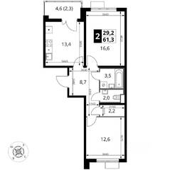 ЖК «Южная Битца», планировка 2-комнатной квартиры, 61.30 м²
