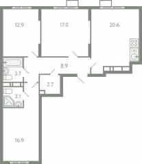 ЖК «Ново-Молоково», планировка 3-комнатной квартиры, 83.40 м²