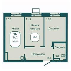 ЖК «Андреевка LIFE», планировка 2-комнатной квартиры, 53.30 м²