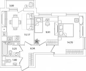 ЖК «Кинопарк», планировка 2-комнатной квартиры, 52.67 м²