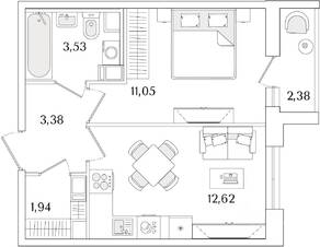 ЖК «Кинопарк», планировка 1-комнатной квартиры, 33.71 м²