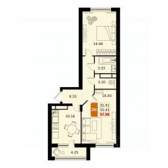 ЖК «ДОМодедово Парк», планировка 2-комнатной квартиры, 57.56 м²