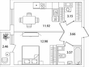 ЖК «Кинопарк», планировка 1-комнатной квартиры, 36.51 м²