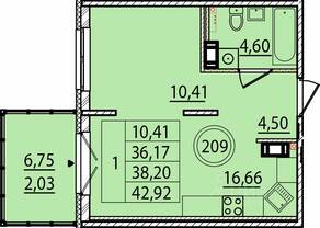 МЖК «Образцовый квартал 15», планировка 1-комнатной квартиры, 36.17 м²