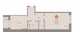 ЖК «Отлично», планировка 1-комнатной квартиры, 53.12 м²