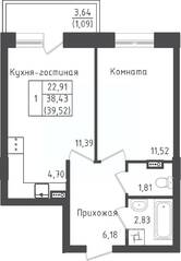 ЖК «Зеленый Оазис-Город», планировка 1-комнатной квартиры, 38.42 м²