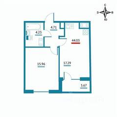 ЖК «Левитан», планировка 1-комнатной квартиры, 44.03 м²