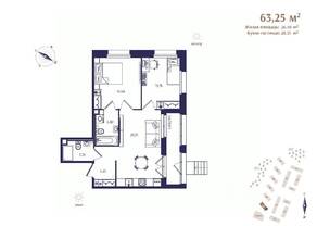 ЖК «Ranta Residence», планировка 2-комнатной квартиры, 63.25 м²