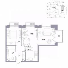 ЖК «Страна.Заречная», планировка 3-комнатной квартиры, 49.90 м²