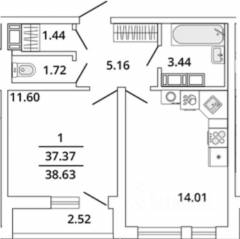 ЖК «Master Place», планировка 1-комнатной квартиры, 38.63 м²