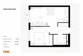 ЖК «Заречный парк», планировка 1-комнатной квартиры, 37.64 м²