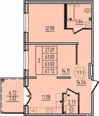 МЖК «Образцовый квартал 14», планировка 2-комнатной квартиры, 61.00 м²