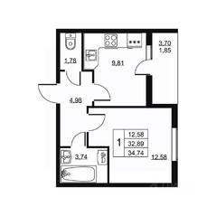 ЖК «Высота» (Бугры), планировка 1-комнатной квартиры, 34.74 м²