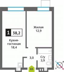 ЖК «Лесная Отрада», планировка 1-комнатной квартиры, 38.20 м²
