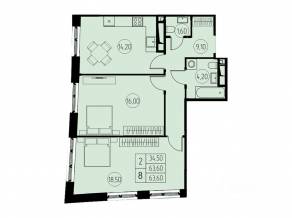 ЖК «7 небо», планировка 2-комнатной квартиры, 63.60 м²