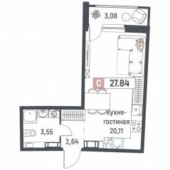 ЖК «Авиатор» (Девяткино), планировка студии, 27.84 м²