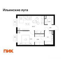 ЖК «Ильинские луга», планировка 1-комнатной квартиры, 38.83 м²