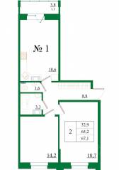ЖК «Орловский бульвар», планировка 2-комнатной квартиры, 67.10 м²