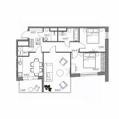 Апарт-комплекс «Residence 15», планировка 3-комнатной квартиры, 80.02 м²