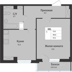 ЖК «Южная звезда», планировка 1-комнатной квартиры, 49.70 м²