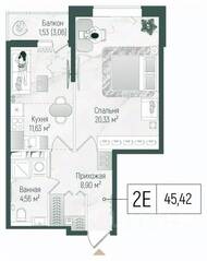 ЖК «Riga Hills», планировка 1-комнатной квартиры, 44.50 м²