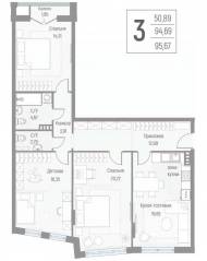 МЖК «Эльйон», планировка 3-комнатной квартиры, 95.50 м²