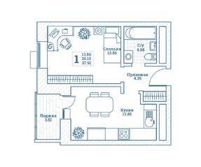 ЖК «Новоград Монино», планировка 1-комнатной квартиры, 38.00 м²