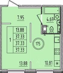 МЖК «Образцовый квартал 14», планировка 1-комнатной квартиры, 37.33 м²