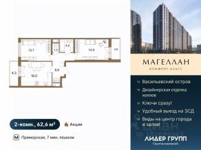 ЖК «Магеллан», планировка 2-комнатной квартиры, 62.60 м²