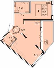 МЖК «Образцовый квартал 16», планировка 2-комнатной квартиры, 51.30 м²