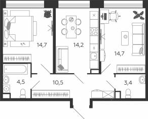 ЖК «Жилой квартал Shagal», планировка 2-комнатной квартиры, 61.80 м²