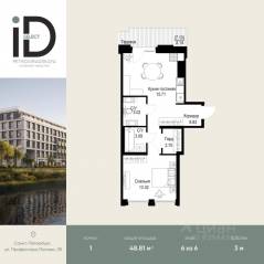 ЖК «ID Petrogradskaya», планировка 1-комнатной квартиры, 48.81 м²