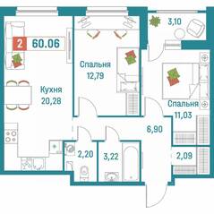 ЖК «Графика», планировка 2-комнатной квартиры, 60.06 м²