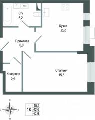 ЖК «Киноквартал», планировка 1-комнатной квартиры, 42.60 м²