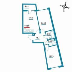 ЖК «Левитан», планировка 2-комнатной квартиры, 62.59 м²