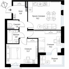МЖК «Экография», планировка 2-комнатной квартиры, 52.40 м²