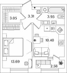 ЖК «БелАрт», планировка 1-комнатной квартиры, 35.69 м²