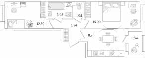 ЖК «Гранат», планировка 2-комнатной квартиры, 53.51 м²