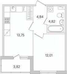 ЖК «Ясно. Янино», планировка 1-комнатной квартиры, 37.33 м²