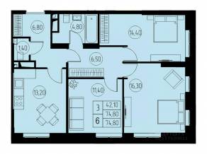 ЖК «31 квартал», планировка 3-комнатной квартиры, 74.80 м²