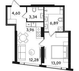 ЖК «Solos», планировка 1-комнатной квартиры, 44.16 м²